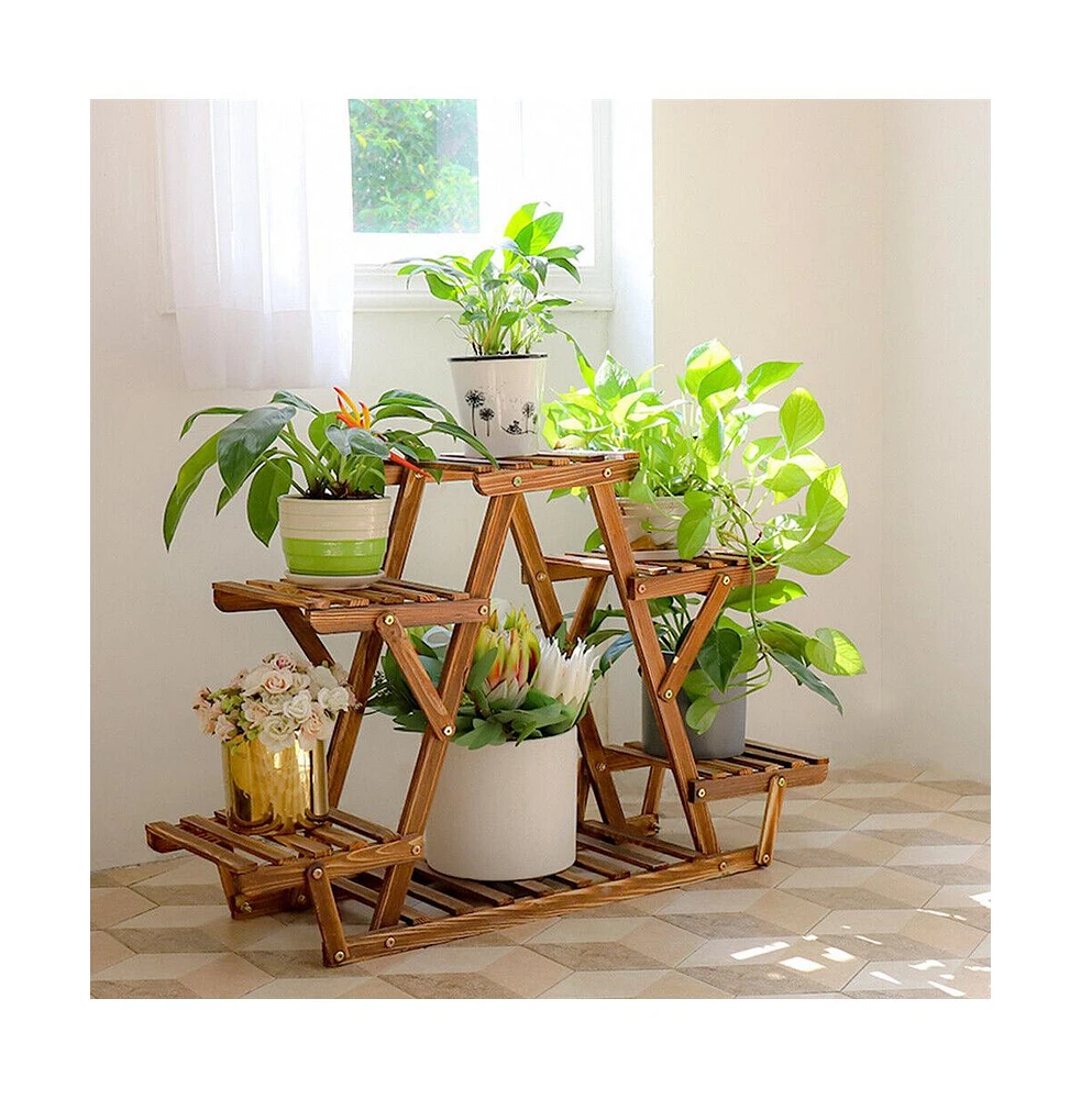 Unho Wooden Plant Stand 6 Tier Bonsai Display Shelf Carbonized Wood for Porch Outdoor