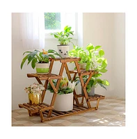 Unho Wooden Plant Stand 6 Tier Bonsai Display Shelf Carbonized Wood for Porch Outdoor