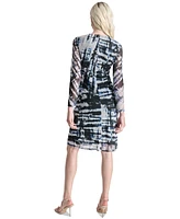 Dkny Women's Printed Side-Ruched Sheer-Sleeve Mesh Dress