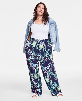 On 34th Trendy Plus Swan-Print Wide-Leg Pull-On Pants, Exclusively at Macy's