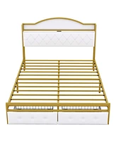 Simplie Fun Metal Platform Bed With 2 drawers, Storage Headboard, Queen, Gold