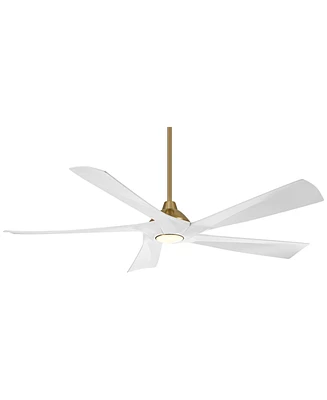 Possini Euro Design 60" Eloquent Modern Indoor Outdoor Ceiling Fan 5 Blade Led Light Remote Control Brass Finish White Blades Bedroom Patio Living Roo