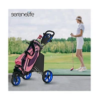 SereneLife Foldable 3-Wheel Golf Push Cart with Deluxe Scorecard Holder and Cup Holder