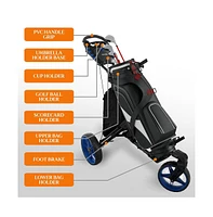 SereneLife Foldable 3-Wheel Golf Push Cart with Deluxe Scorecard Holder and Cup Holder