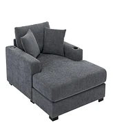 43.5" Oversized Chaise Lounger Modern Style Sofa Couch, with Pillows, Charge Station & Cup Holders, Chenille Fabric, Blue Gray