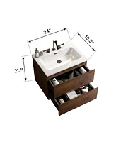 Wall Mount 24" Walnut Bathroom Vanity with Ceramic Sink with three faucet holes, Large Storage Floating Bathroom Vanity for Modern Bathroom, One-