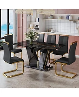 Streamdale Furniture Table and chair set, Modern minimalist rectangular dining table, 0.4 inch thick, with a black imitation marble pattern glass desk