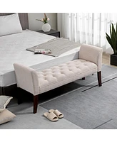 Streamdale Furniture End of Bed Bench with Button Tufted Design, Upholstered Bedroom Entryway Bench with Arms and Solid Wood Legs for Bedroom, Beige