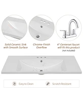 36" Single Bathroom Vanity Top with White Basin, 3-Faucet Holes, Ceramic, White