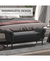 52" End of Bed Bench, Linen Upholstered Ottoman Bench, Bedroom Entryway Bench With Armrests, Dark Gray