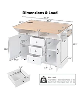 55.7" Large Kitchen Island with 2 Drop Leaf,, Rolling Kitchen Cart on 5 Wheels with Power Outlet, Folding Storage Dining Table with Spice & Towel