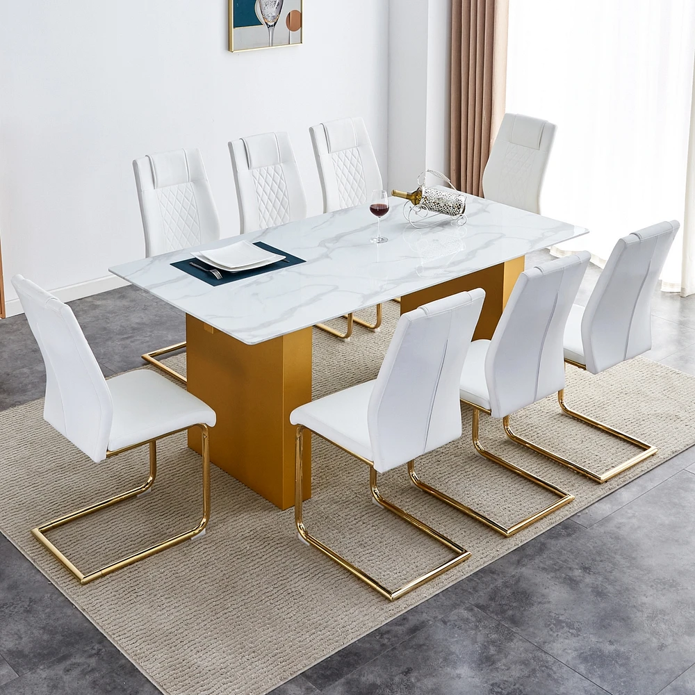 Simplie Fun Table and chair set.Large modern rectangular table with 0.4 inch patterned glass tabletop and large Mdf table legs.Comes with 8 chairs wit