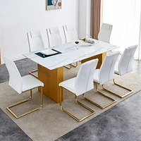 Streamdale Furniture Table and chair set.Large modern rectangular table with 0.4 inch patterned glass tabletop and large Mdf table legs.Comes with 8 c