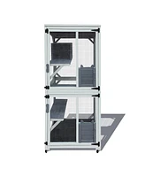 30.7" Wooden Catio Outdoor Cat Enclosure, Luxury Cat House on Wheels with Napping House, 4 Platforms & Weatherproof Asphalt Roof, Large Kitty Cat