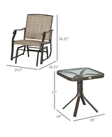 3 Piece Outdoor Glider Chair with Coffee Table Bistro Set, 2 Patio Rocking Swing Chairs with Breathable Sling Fabric, Glass Tabletop, for Backyard, Ga