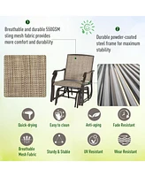 3 Piece Outdoor Glider Chair with Coffee Table Bistro Set, 2 Patio Rocking Swing Chairs with Breathable Sling Fabric, Glass Tabletop, for Backyard, Ga