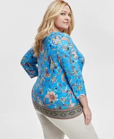 Jm Collection Plus Floral-Print Jacquard 3/4-Sleeve Top, Exclusively at Macy's