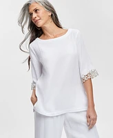 Jm Collection Women's Boat-Neck 3/4-Sleeve Gauze Top, Created for Macy's