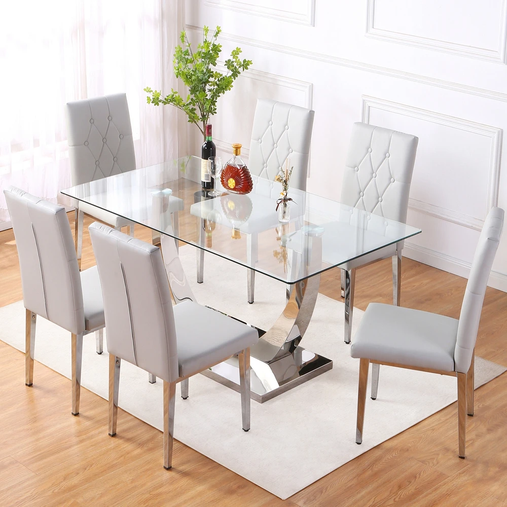 Simplie Fun Table and chair set, modern dining table, tempered glass tabletop and silver