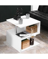 20" Modern End Table, Accent Side Table, S-Shaped Coffee Table with Storage Shelf and Steel Poles, White