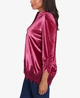 Ruby Rd. Petite Stretch Velvet Lace Trim V-Neck Top