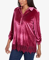 Ruby Rd. Petite Stretch Velvet Lace Trim V-Neck Top