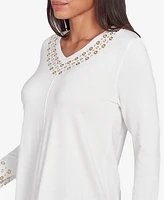 Ruby Rd. Petite Grommet Embellished Fine Gauge V-Neck Sweater