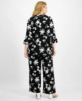 Kasper Plus Size Split Neck Floral Flutter Sleeve Top Straight Leg Pants