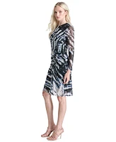 Dkny Petite Printed Side-Ruched Sheer-Sleeve Mesh Dress