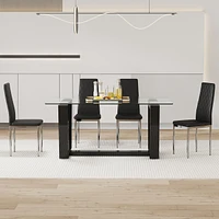 Simplie Fun Table and chair set.a rectangular dining table features with tempered glass top and sleek black Mdf stand.Paired with 4 Pu chairs with che