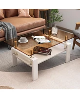 Rectangle Coffee Table, Tempered Glass Tabletop with Mdf Layer, Modern Table for Living Room, Brown Glass