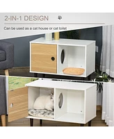 Wooden Cat House with Soft Cushion, Decorative Kitten Condo Side Table, Elevated Pet House with Storage Space