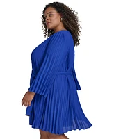 Dkny Plus Pleated Tie-Front A-Line Long-Sleeve Dress