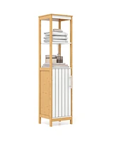 Gymax Tall Bathroom Floor Cabinet Bamboo Bathroom Storage w/Adjustable Shelf &Cupboard