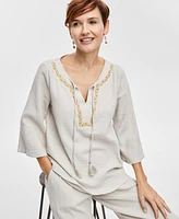 Jm Collection Women's Cotton Embellished Split-Neck Top, Exclusively at Macy's