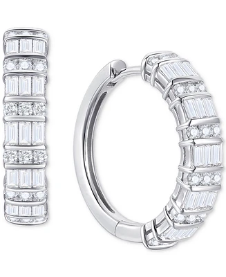 Diamond Round & Baguette Hoop Earrings (1 ct. t.w.) in 10k White Gold