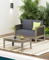 Outdoor Acacia Wood And Wicker Loveseat And Coffee Table Set With Cushions, Gray + Mixed Gray + Dark Gray