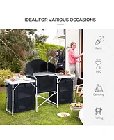 Aluminum Portable Camping Kitchen Fold-Up Cooking Table With Windscreen and 3 Enclosed Cupboards for Bbq, Party, Picnics, Backyards