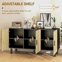 Sideboard Buffet Cabinet, Kitchen Cabinet, Coffee Bar Cabinet with 3 Rattan Doors and Adjustable Shelves, Black and Natural