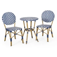 Outdoor Aluminum 3 Piece French Bistro Set, Navy Blue, White, With Bamboo Finish