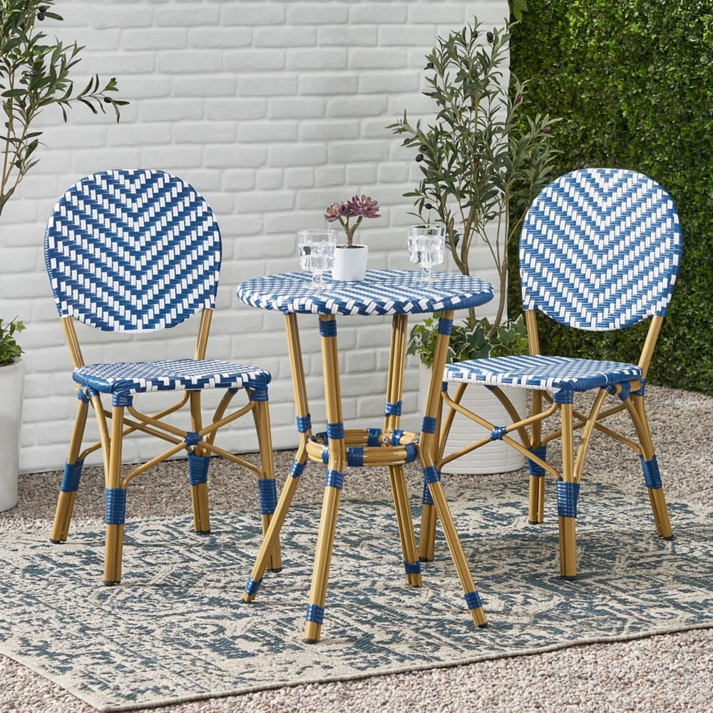 Streamdale Furniture Outdoor Aluminum 3 Piece French Bistro Set, Navy Blue, White, With Bamboo Finish