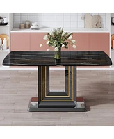 Simplie Fun 1 table and 4 black chairs. The table features a black imitation marble pattern desktop and black gold Mdf legs. Pair with 4 black Pu chai