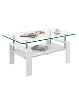 Rectangle Coffee Table, Tempered Glass Tabletop with Mdf Layer, Modern Table for Living Room, Transparent Glass