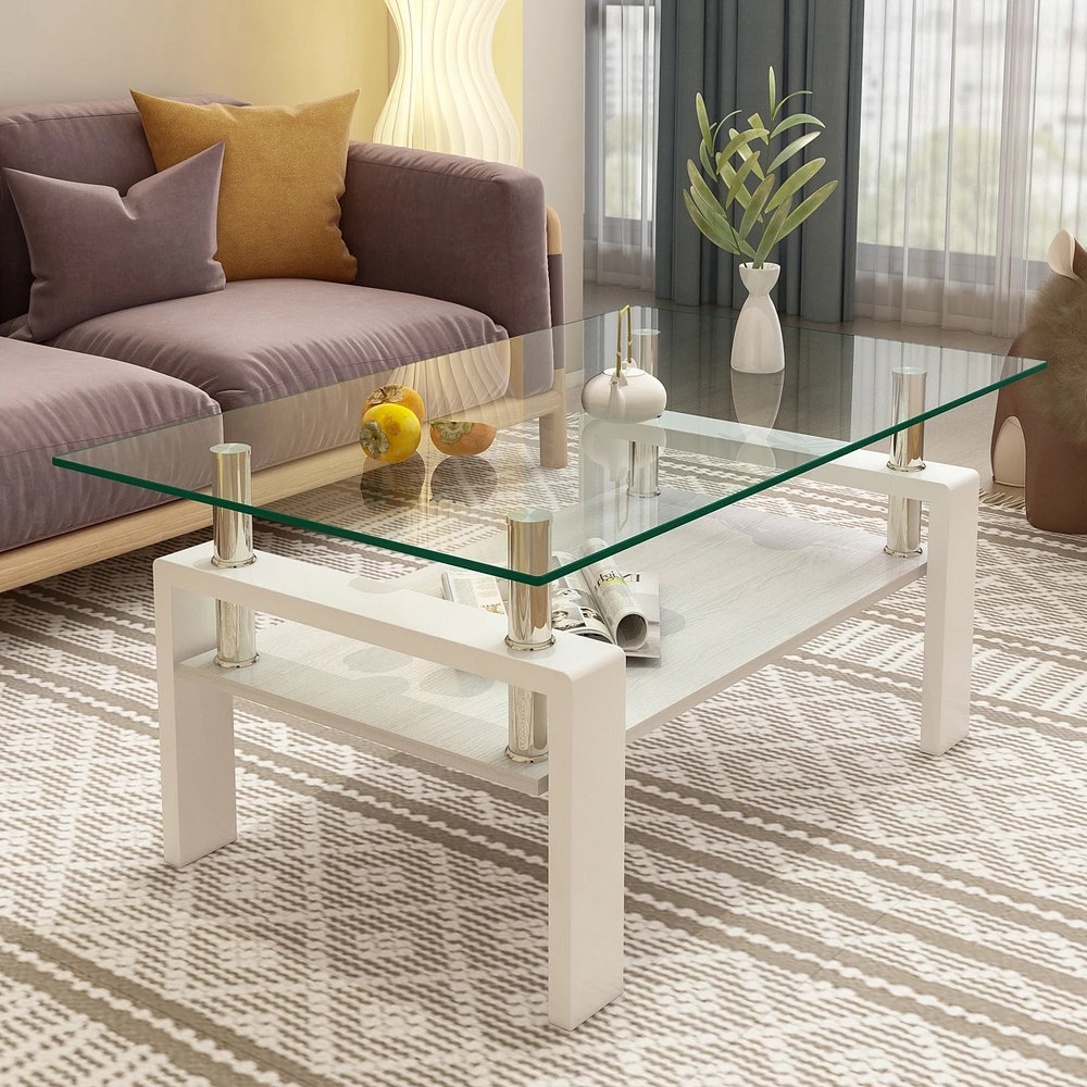 Simplie Fun Rectangle Coffee Table, Tempered Glass Tabletop with Mdf Layer, Modern Table for Living Room, Transparent Glass