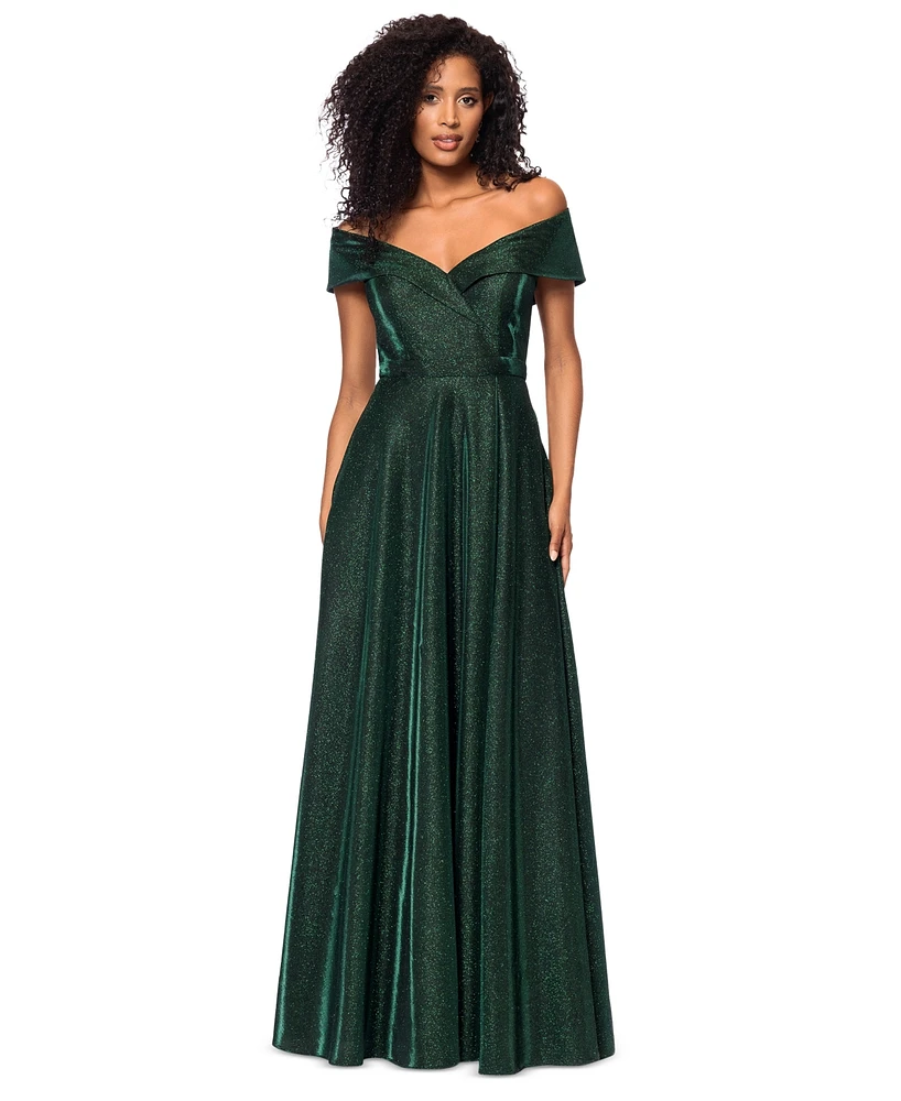 Xscape Women's Off-The-Shoulder Shimmer Wrap Style Gown