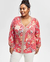 Jm Collection Plus Size Printed Blouson-Sleeve Top, Exclusively at Macy's