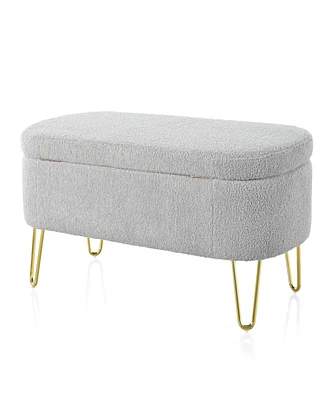 Simplie Fun Oval Storage Bench for Living Room Bedroom End of Bed, Upholstered Storage Ottoman Entryway Bench With Metal Legs, Grey