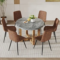 Streamdale Furniture A modern and practical circular dining table. Made of Mdf tabletop and wooden Mdf table legs.a set of 6 brown cushioned chairs in