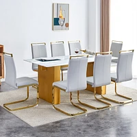Table and chair set.Large modern rectangular table with 0.4 inch patterned glass tabletop and large Mdf table legs.Comes with 8 chairs with faux leath