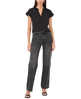 Vince Camuto Women's Mixed-Media Split-Neck Short-Sleeve Top